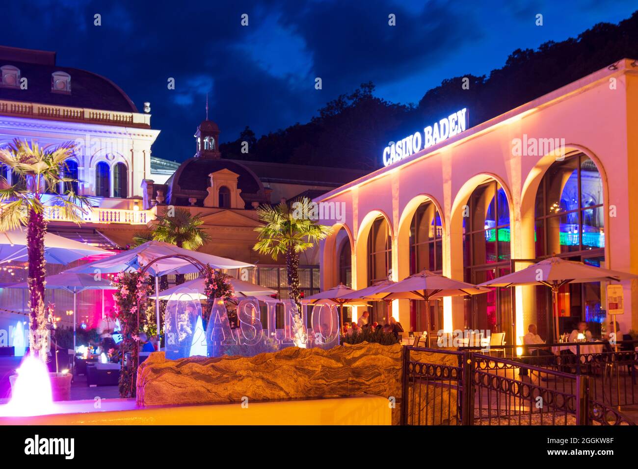 Baden near Vienna, Casino with restaurant and bar, view from the park Kurpark side, largest casino in Europe including a congress and event center in Wienerwald (Vienna Woods), Niederösterreich / Lower Austria, Austria Stock Photo