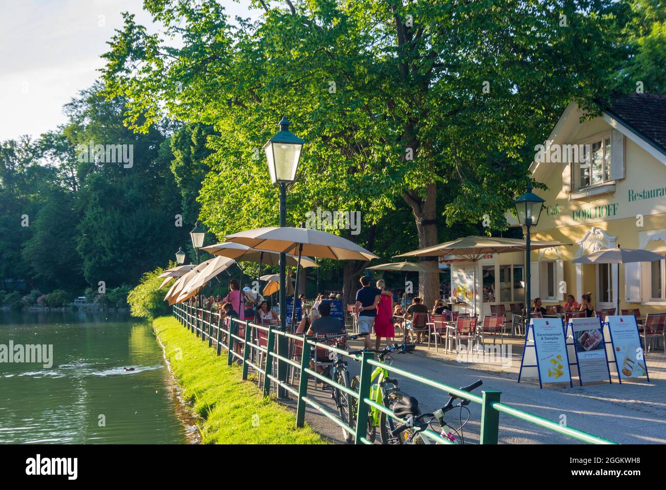 Baden near Vienna, park Doblhoffpark, pond Doblhoffteich, cafe restaurant Doblhoff in Wienerwald (Vienna Woods), Niederösterreich / Lower Austria, Austria Stock Photo