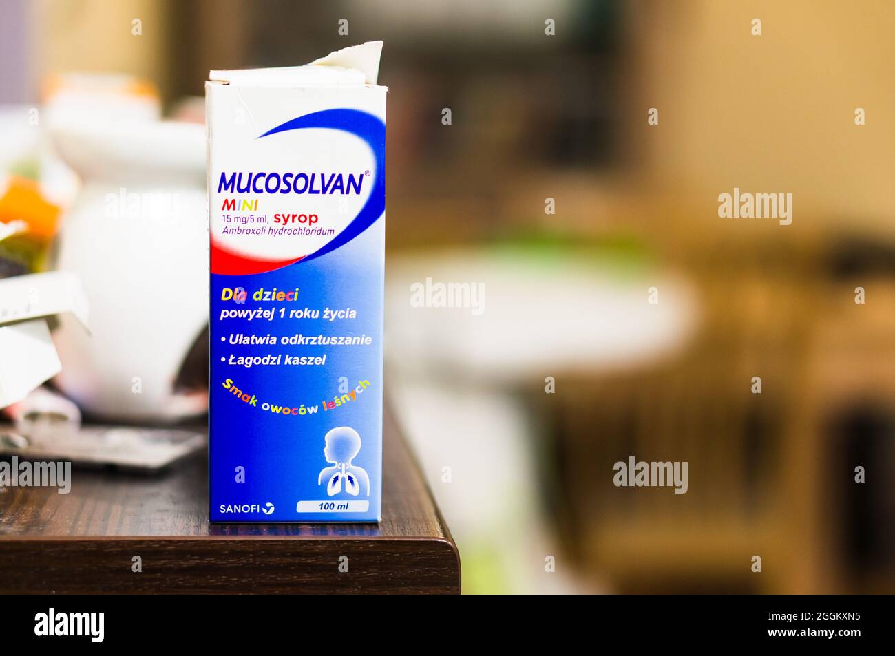 POZNAN, POLAND Aug 10, 2021 A Polish Mucosolvan syrup for kids