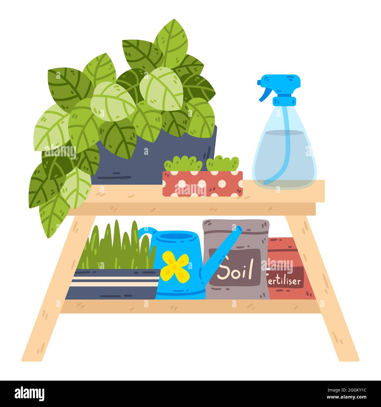 Table with potted plants, a spray bottle, bags of soil and fertilizer. Home plant growing. Eco hobby equipments. Vector illustration. Stock Vector