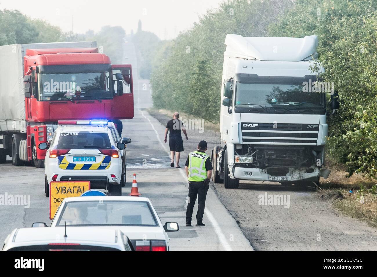 Ukraine, Odessa region - August 22, 2020: Car accident of truck trucks on the road crash. Stock Photo
