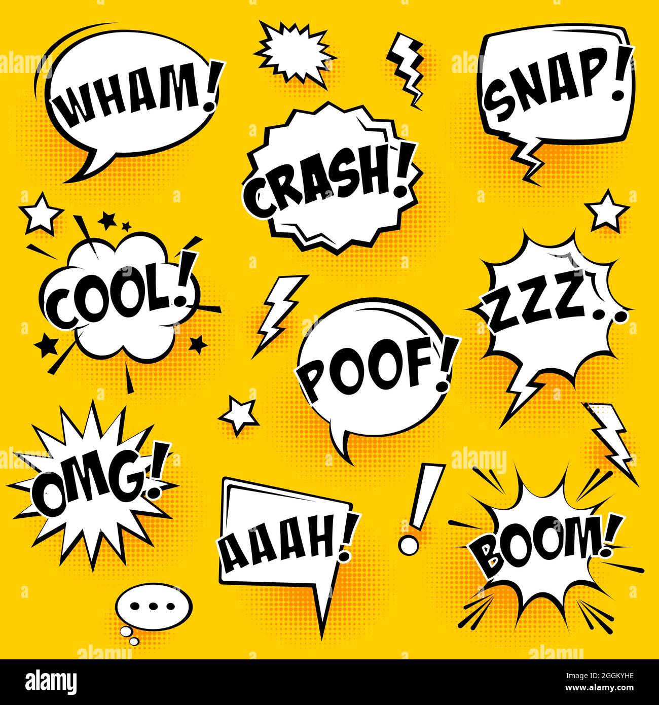 Comic speech bubbles with halftone shadows and text on yellow ...