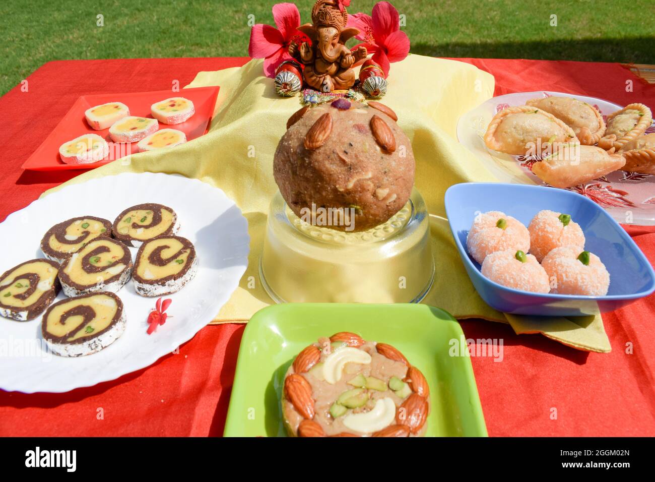 Variety of assorted Indian sweets made for Prashad and offered to lord Ganesha during Festivals like Ganesh chaturthi and Auspicious events Stock Photo