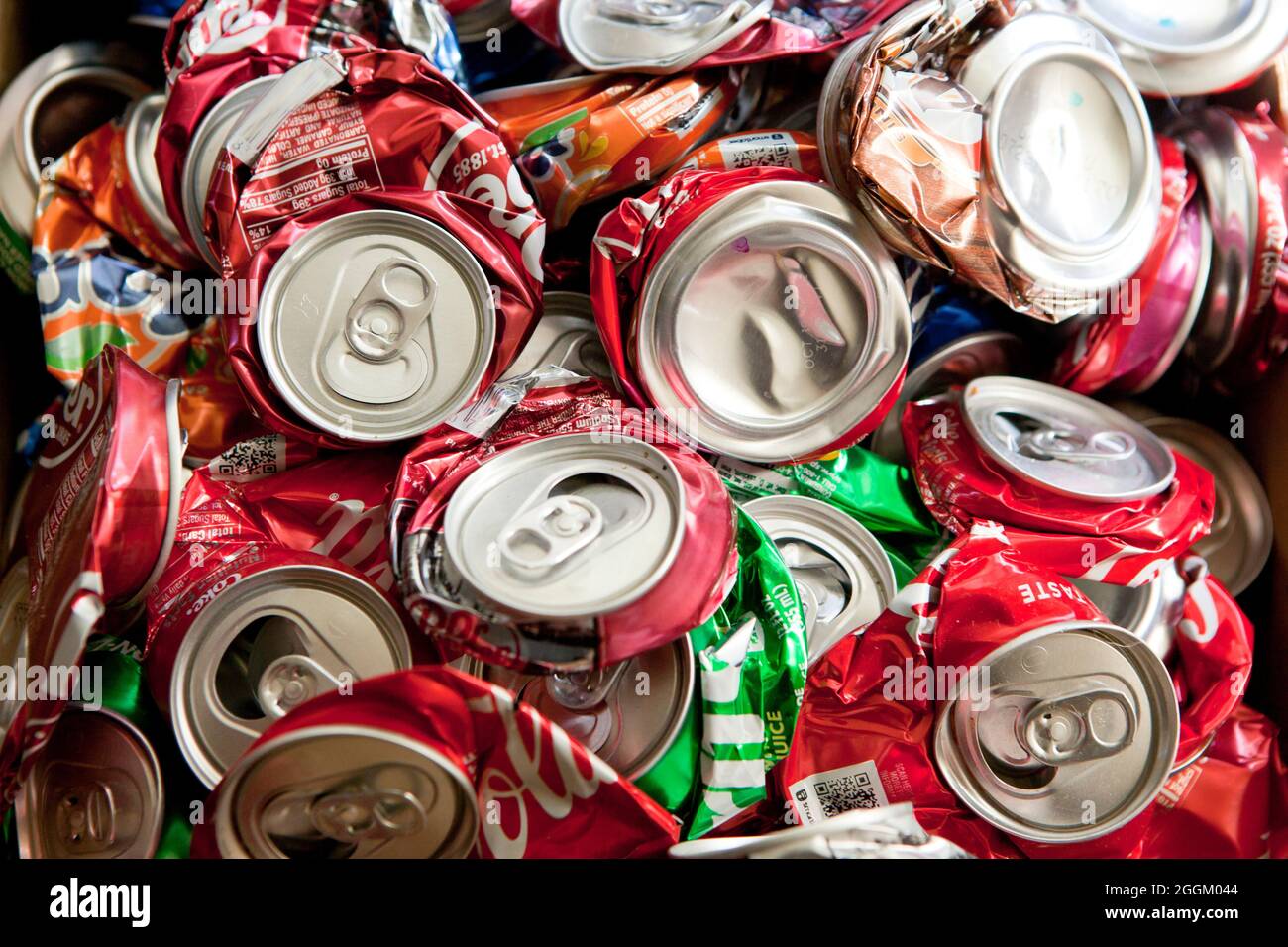 Crushed aluminum soda cans for recycling - USA Stock Photo