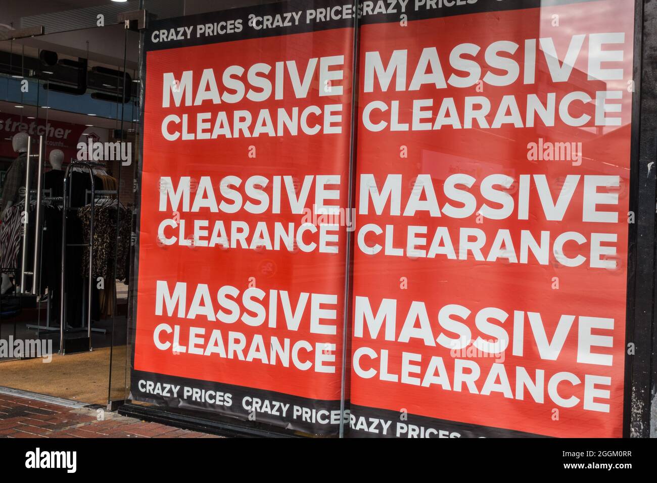 Massive Clearance notice outside a store to clear out stock Stock Photo