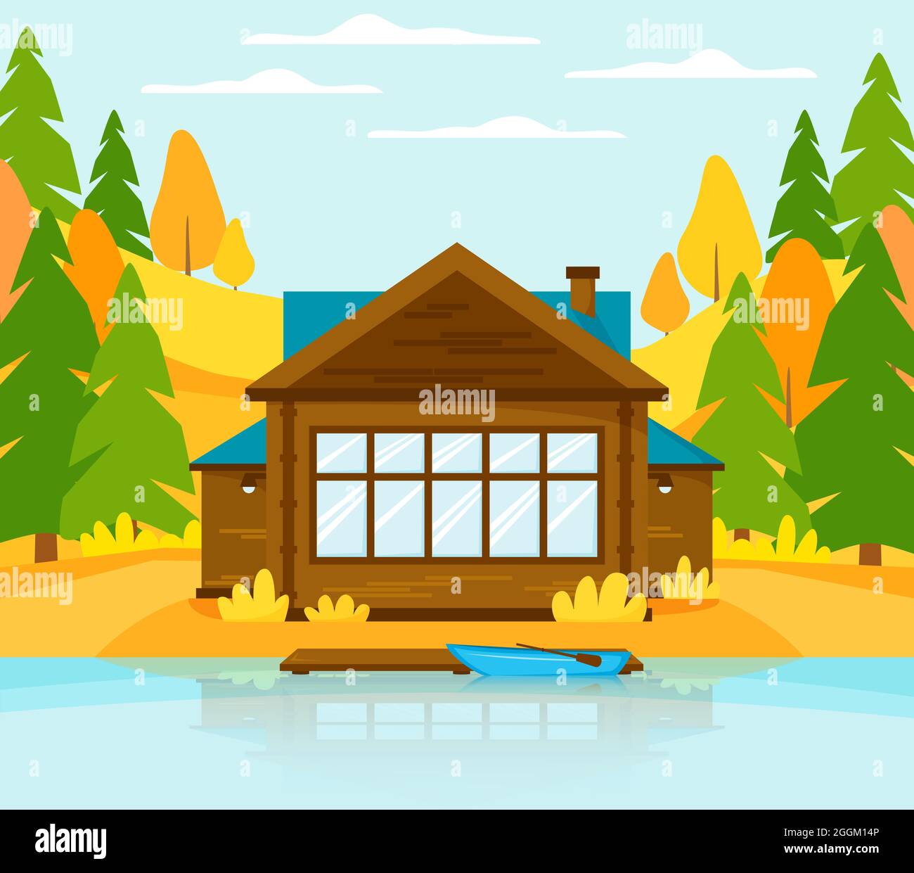Wooden cottage on lake or river with pier. Holiday house in autumn landscape with hills and forest. Boat near dock. Vector Stock Vector