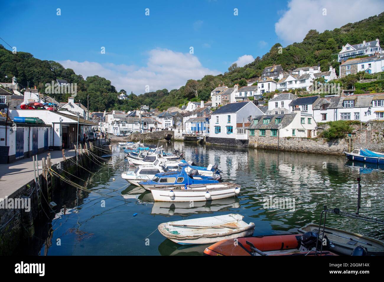 Polperro is a large village, civil parish, and fishing harbour within the Polperro Heritage Coastline in south Cornwall, England. Its population is ar Stock Photo