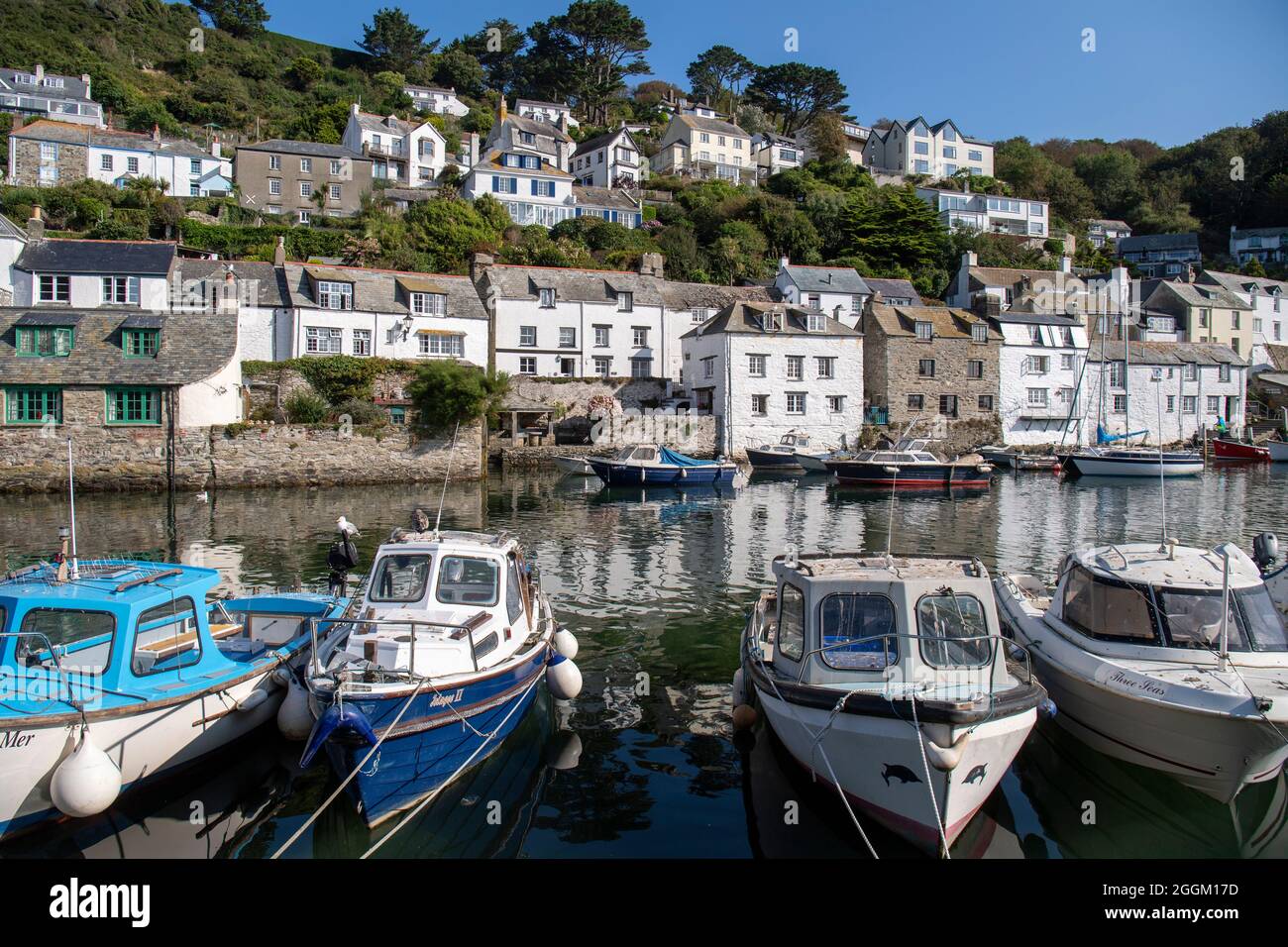 Polperro is a large village, civil parish, and fishing harbour within the Polperro Heritage Coastline in south Cornwall, England. Its population is ar Stock Photo