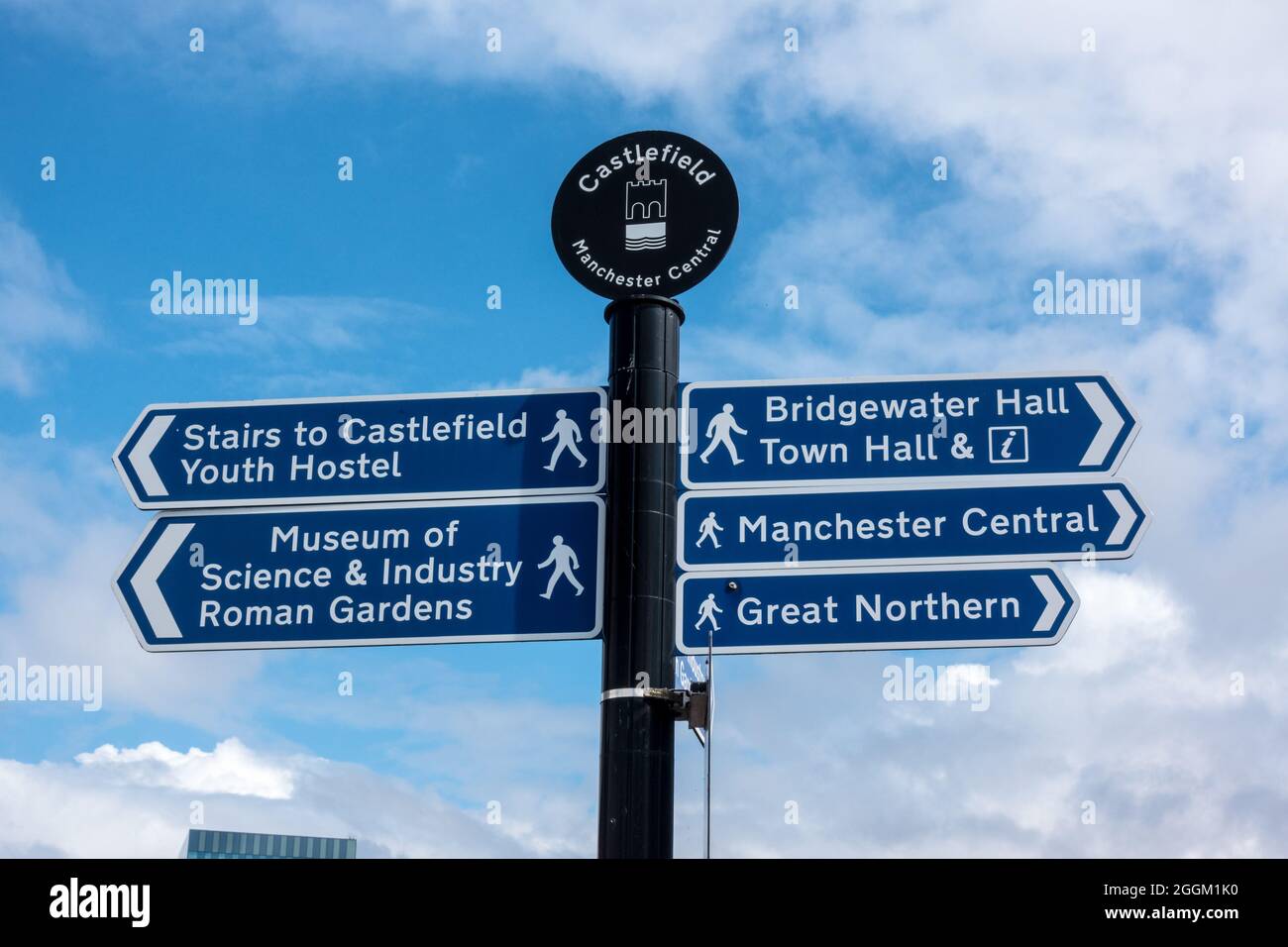 Manchester central Castlefield directions signpost with blue sky