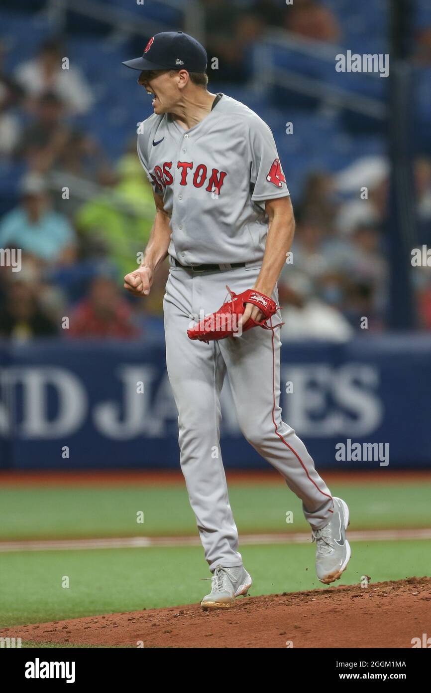 St. Petersburg, FL. USA;  Boston Red Sox starting pitcher Nick Pivetta (37) shows some excitement after getting a big strikeout during a major league Stock Photo