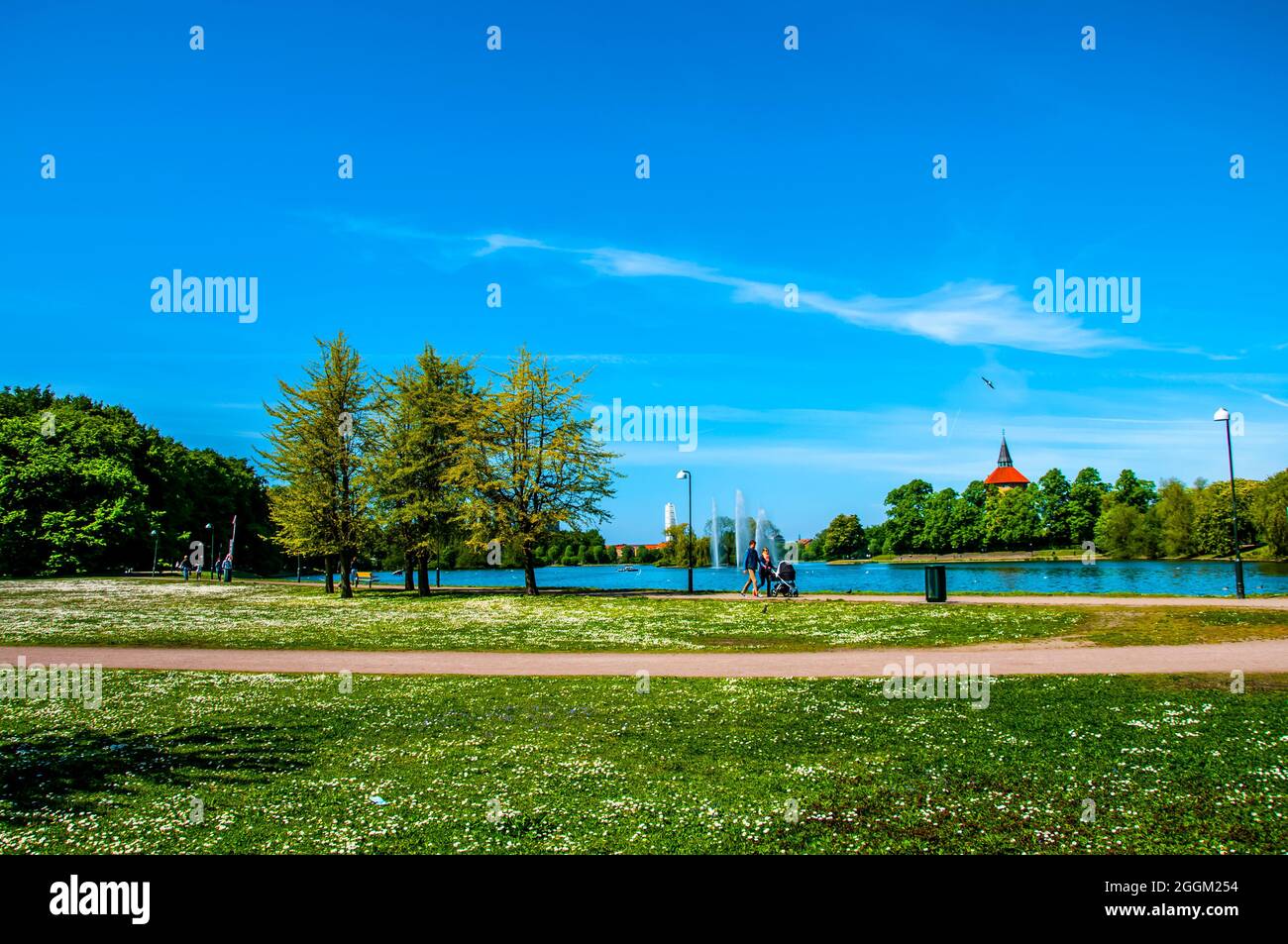 Willowpond Park or Pildammsparken with fountains in the Malmo city Stock Photo
