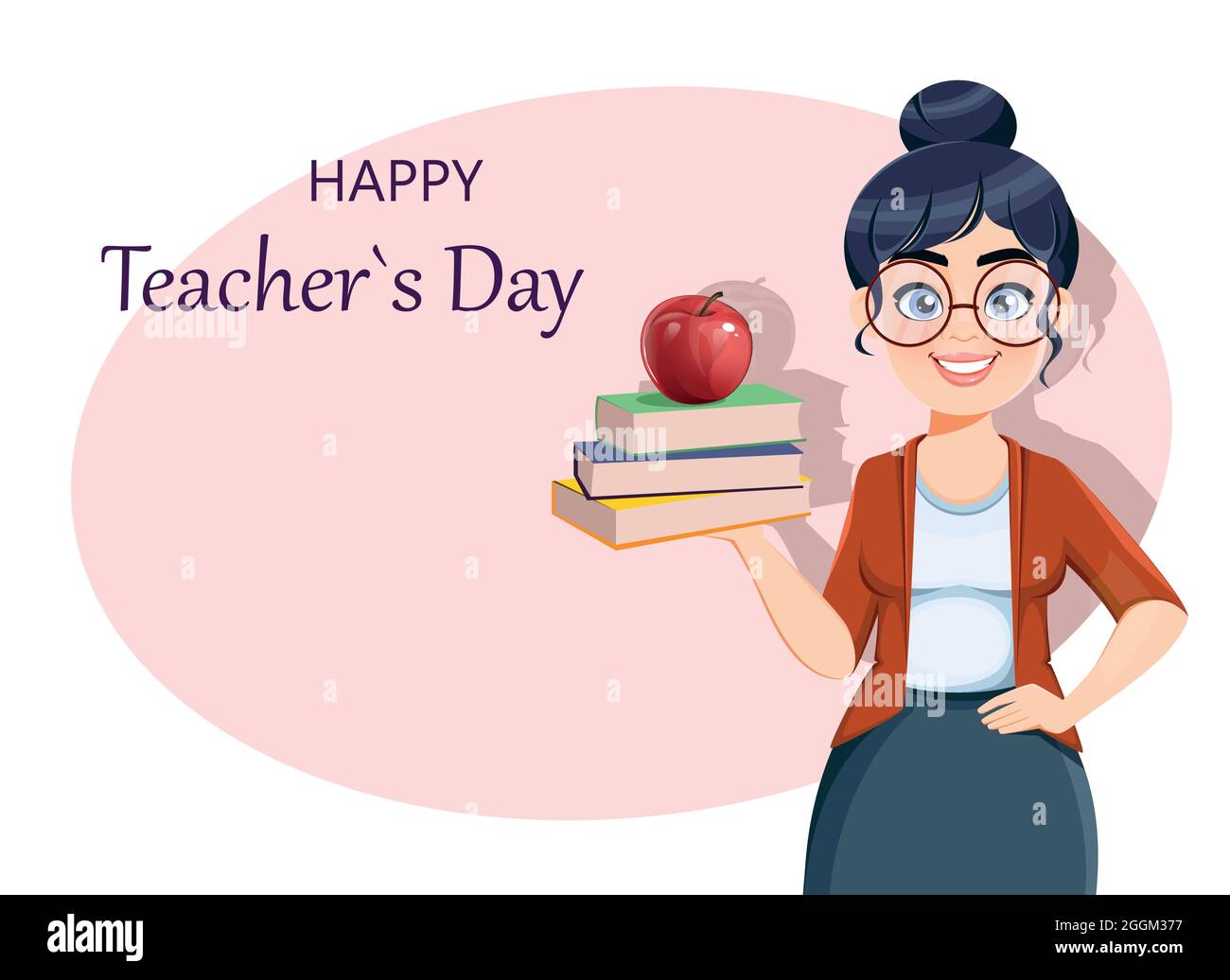 Happy Techer day greeting card. Cute female teacher cartoon character  holding books and apple. Stock vector illustration Stock Vector Image & Art  - Alamy