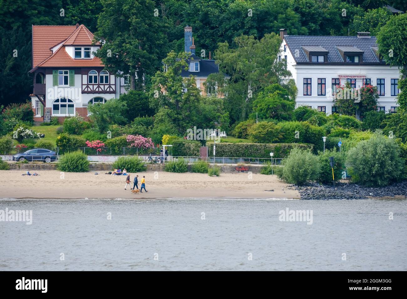 Hamburg, Germany - Residential houses on the sandy Elbe beach in the affluent residential area in Othmarschen. Stock Photo