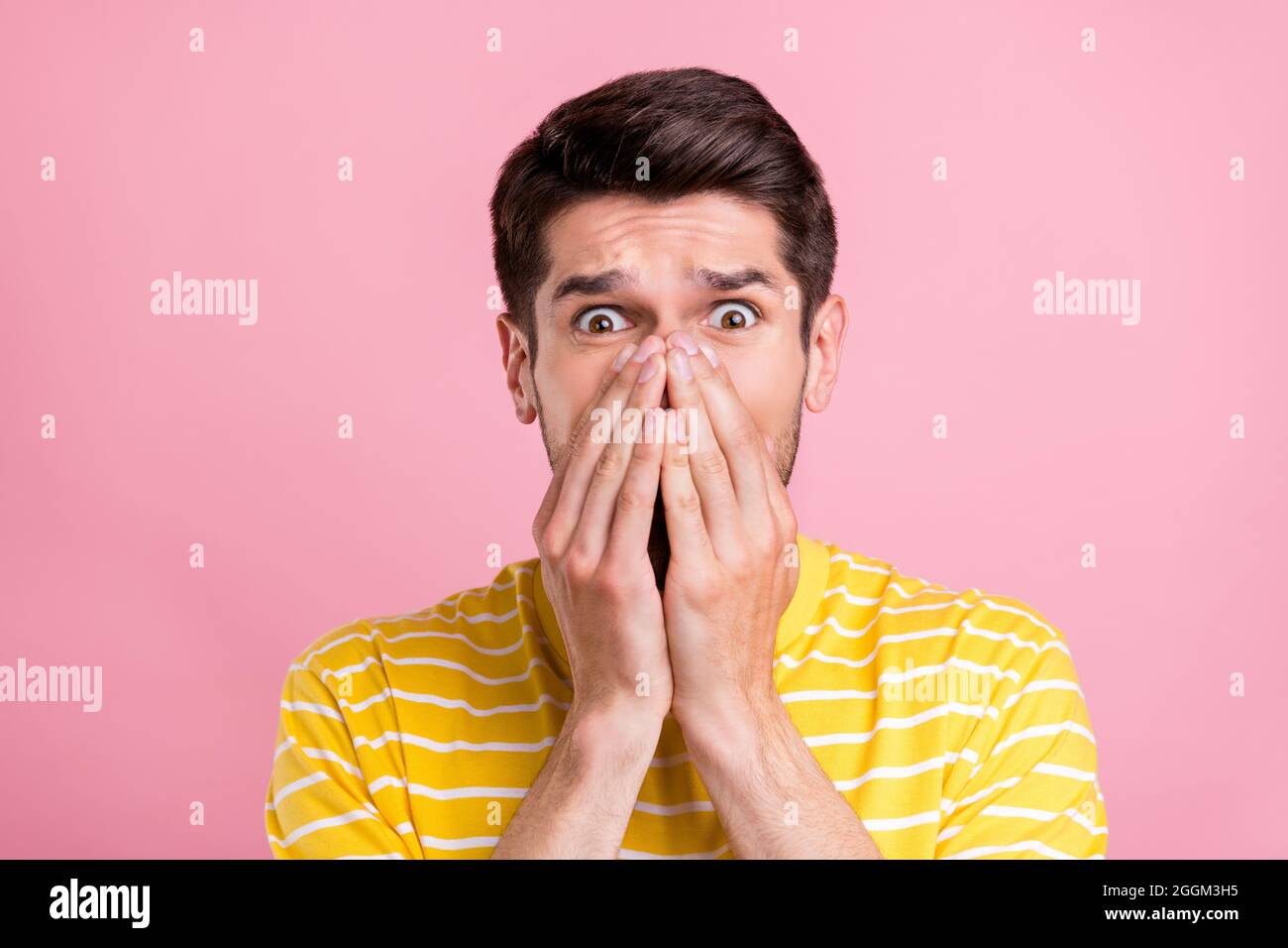 Portrait of attractive desperate hopeless guy closing face fail misery ...