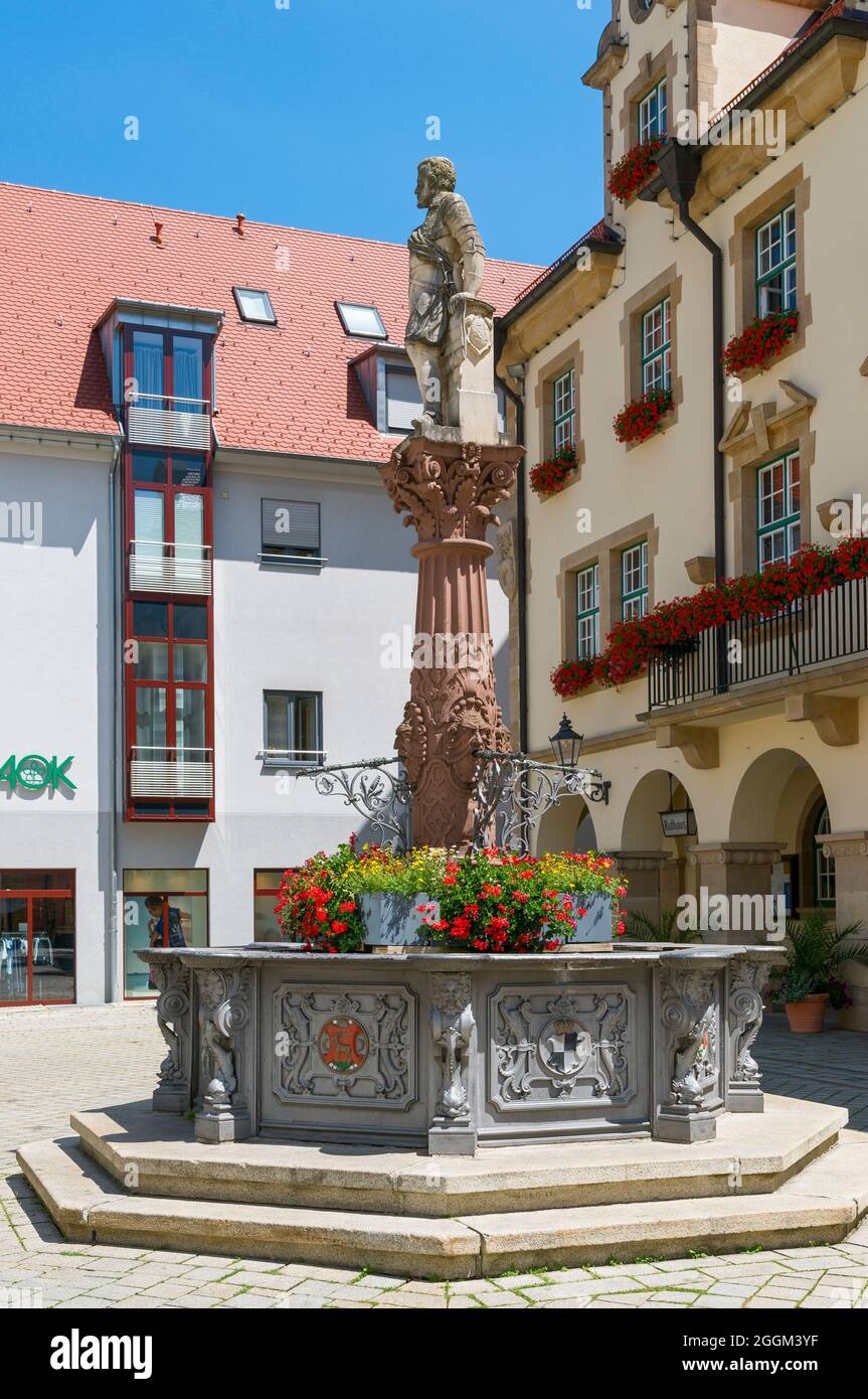 Germany, Baden-Württemberg, Sigmaringen, town hall, market fountain from 1826, the fountain figure shows Count Johann von Hohenzollern-Sigmaringen, who was raised to the rank of prince in 1523. Stock Photo