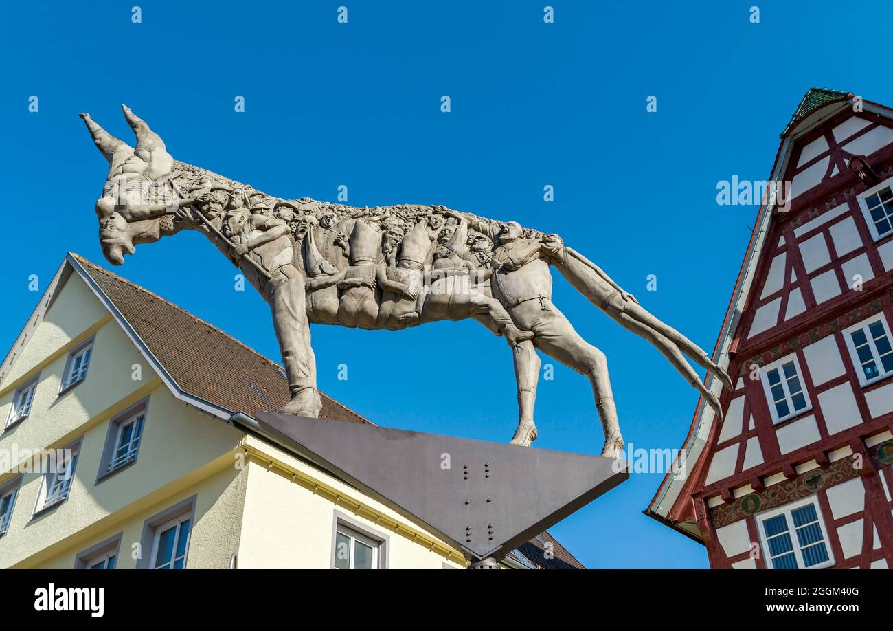 Germany, Baden-Wuerttemberg, Biberach, Des Esels Schatten, donkey sculpture by the artist Peter Lenk, the work of art was based on the story of the Abderites by Christoph Martin Wieland from Biberach. Stock Photo