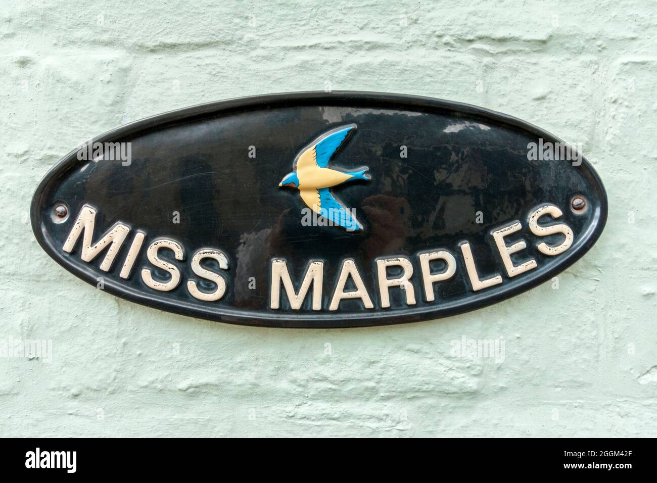UK, Gloucestershire, Tewkesbury, Miss Marples door hanger. The real name of the fictional character of the English author Agatha Christie is Miss Marple. Stock Photo
