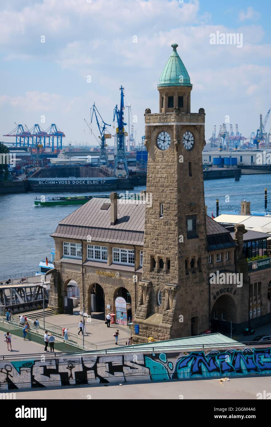 Hamburg, Germany - city view of the port of Hamburg, Landungsbruecken, level tower, the dome of the old Elbe tunnel. Stock Photo