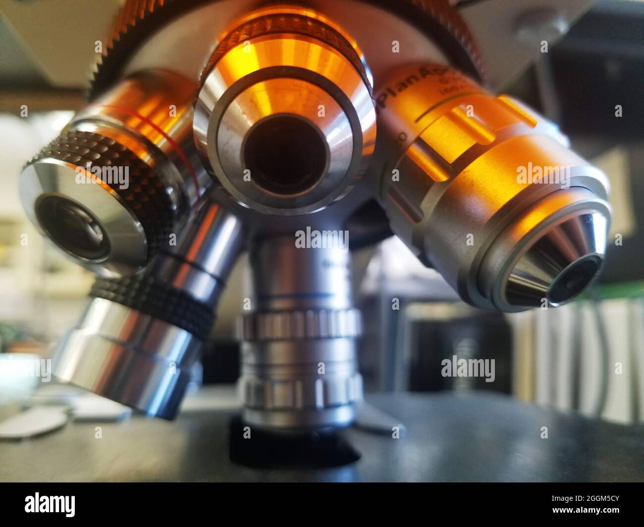 Closeup of the lenses of a microscope Stock Photo Alamy