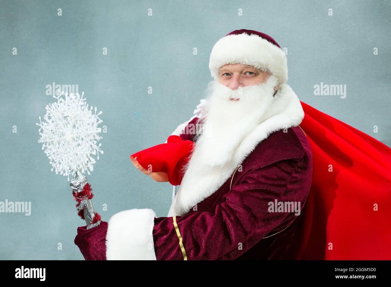 Portrait of Santa Claus on a gray background. Santa Claus holds a beautiful staff in his hand. Stock Photo