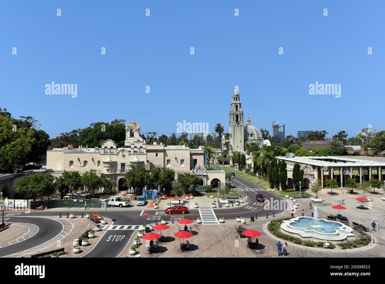 SAN DIEGO, CALIFORNIA - 25 AUG 2021: Mingei International Museum, Plaza de Panama and the Museum of Us in Balboa Park. Stock Photo