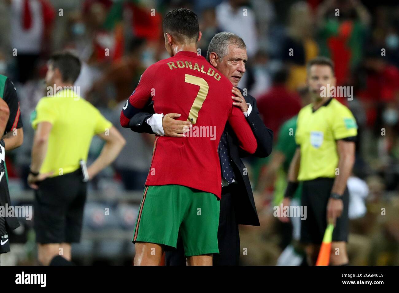 Faro, Portugal. 1st Sep, 2021. Portugal's forward Cristiano Ronaldo celebrates with Portugal's head coach Fernando Santos after the FIFA World Cup 2022 European qualifying round group A football match between Portugal and Republic of Ireland, at the Algarve stadium in Faro, Portugal, on September 1, 2021. (Credit Image: © Pedro Fiuza/ZUMA Press Wire) Stock Photo