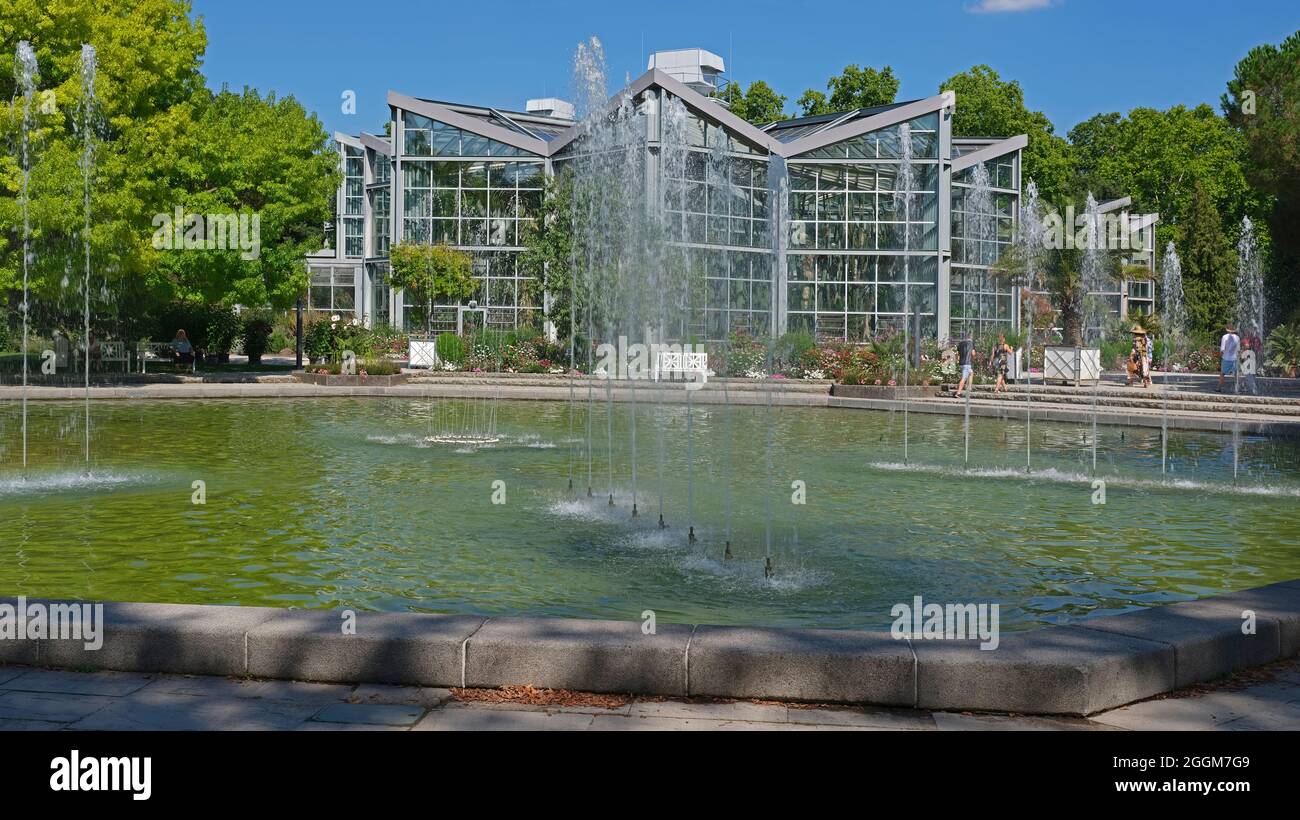 Fountain, water features, greenhouse, palm garden, Frankfurt am Main, Hesse, Germany Stock Photo