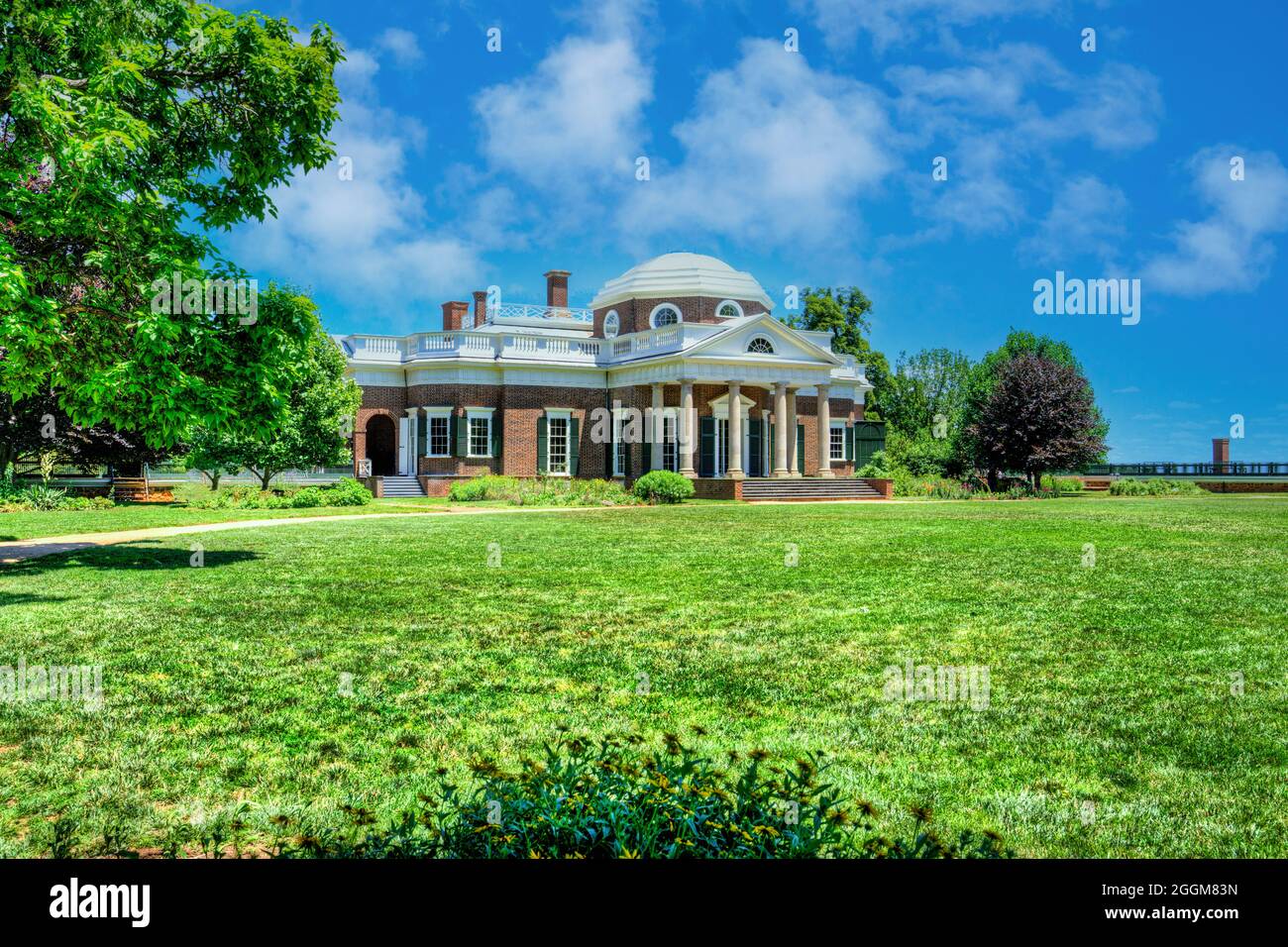 The West Portico from the West Lawn of Thomas Jefferson’s Monticello in Virginia. Stock Photo