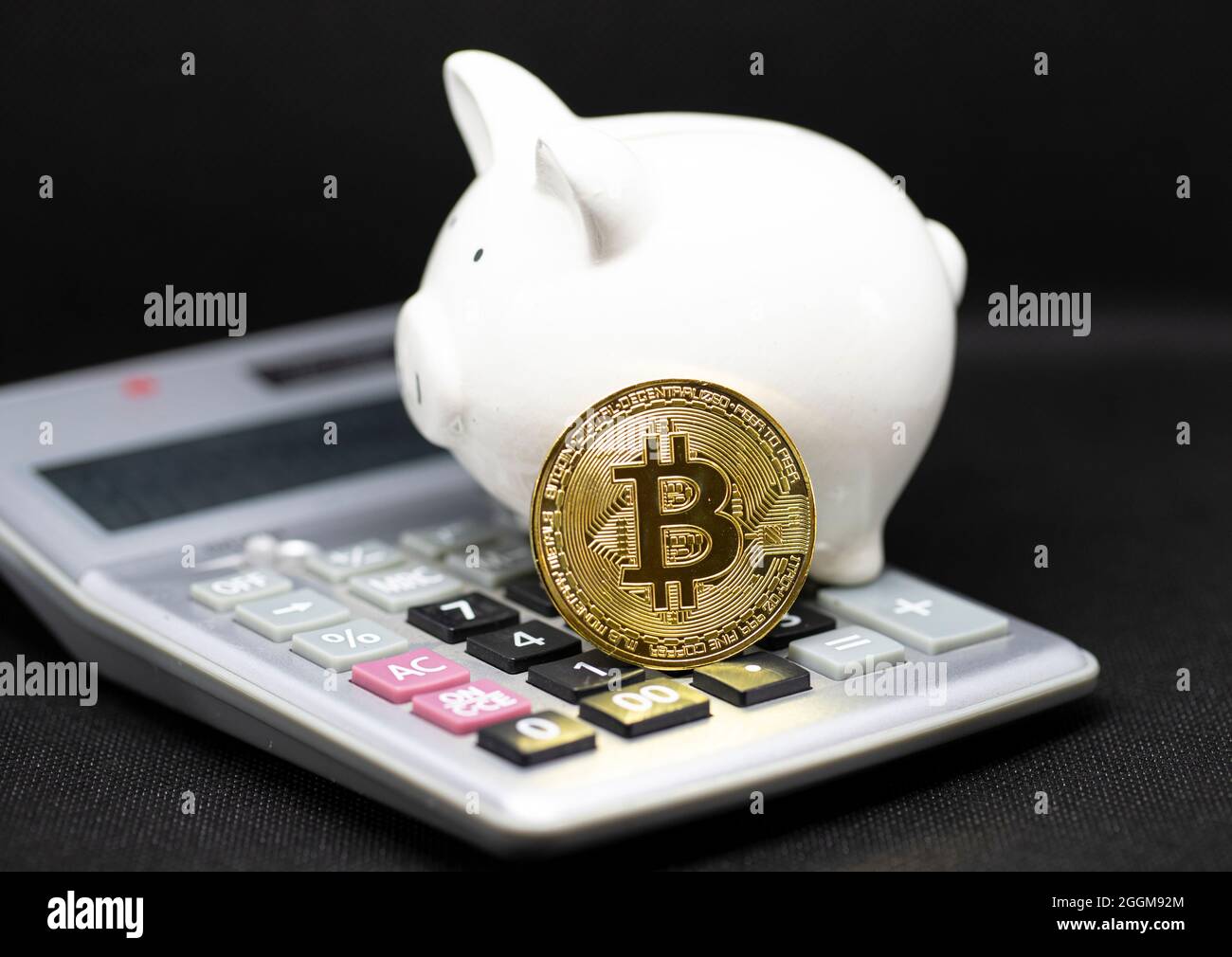 White piggy Bank and gole bitcoin stand on the calculator and black  background. It for saving money concept and keep the crypto currency Stock  Photo - Alamy
