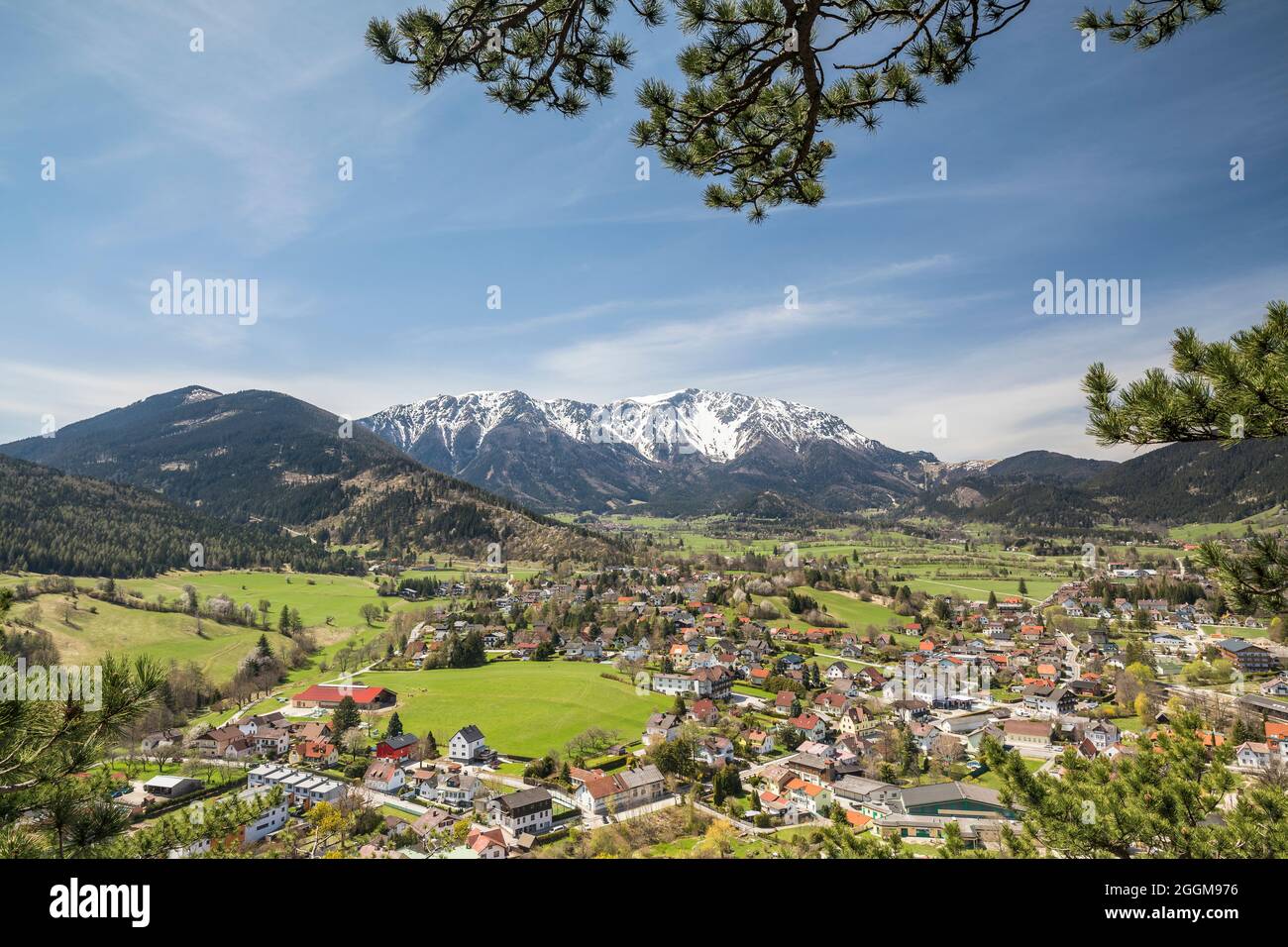 View of Puchberg am Schneeberg, health resort, behind the Schneeberg (2076m), Neunkirchen district, Lower Austria, Austria Stock Photo