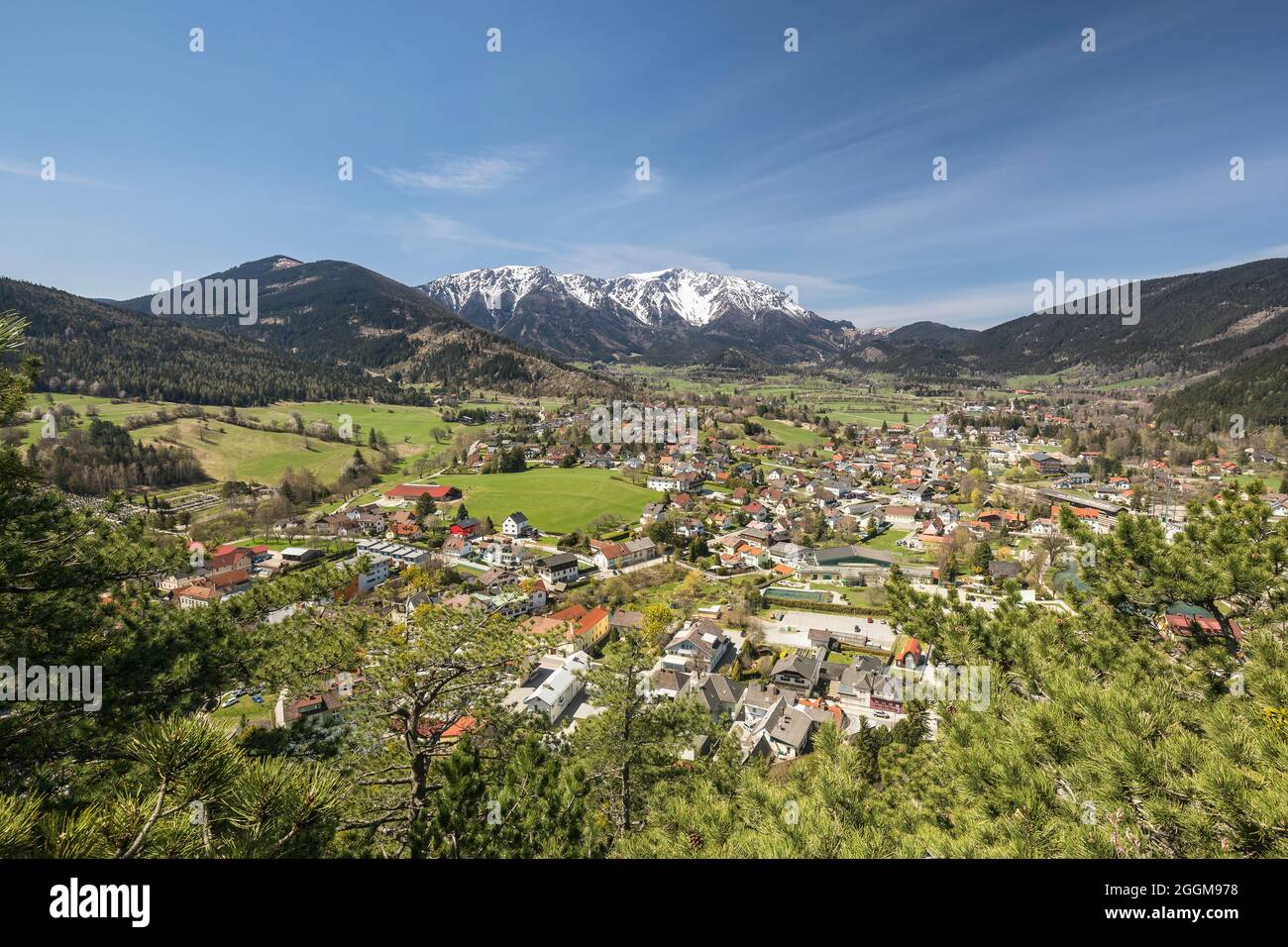 View of Puchberg am Schneeberg, health resort, behind the Schneeberg (2076m), Neunkirchen district, Lower Austria, Austria Stock Photo