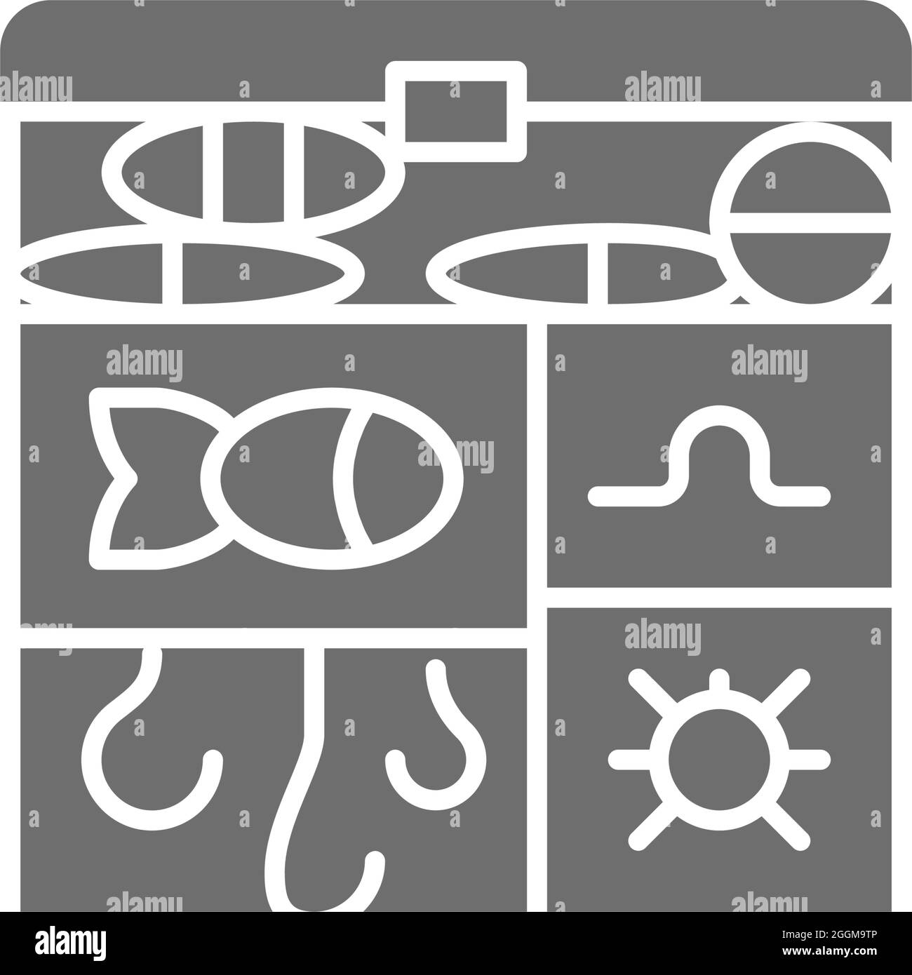 Fishing tackle box, hooks, baits grey icon. Stock Vector