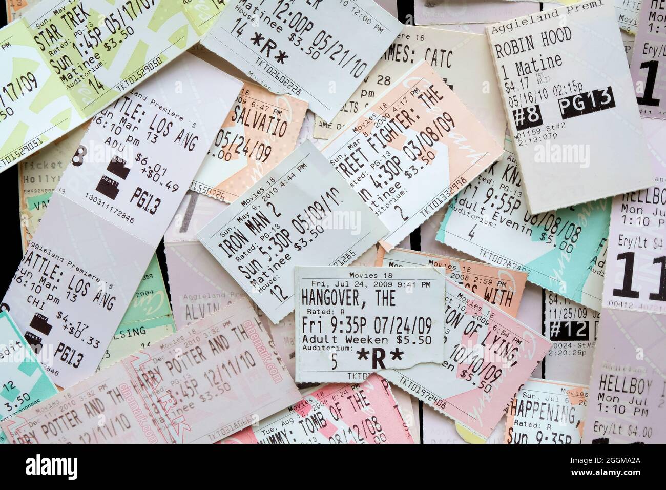 Assorted collection of movie theater ticket stubs for screenings and