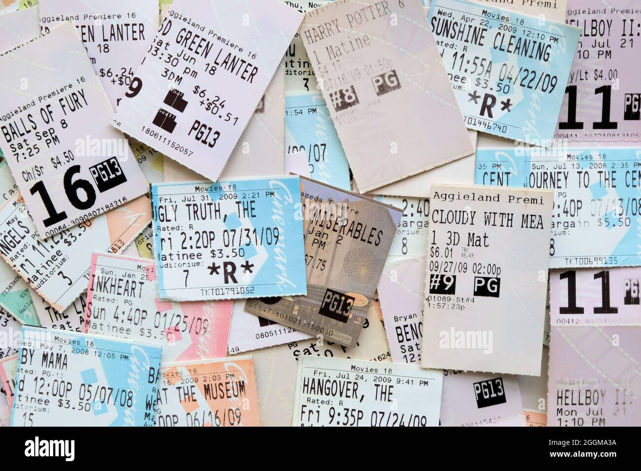 Assorted collection of movie theater ticket stubs for screenings and viewing of Hollywood movies at various theaters and movie houses. Stock Photo