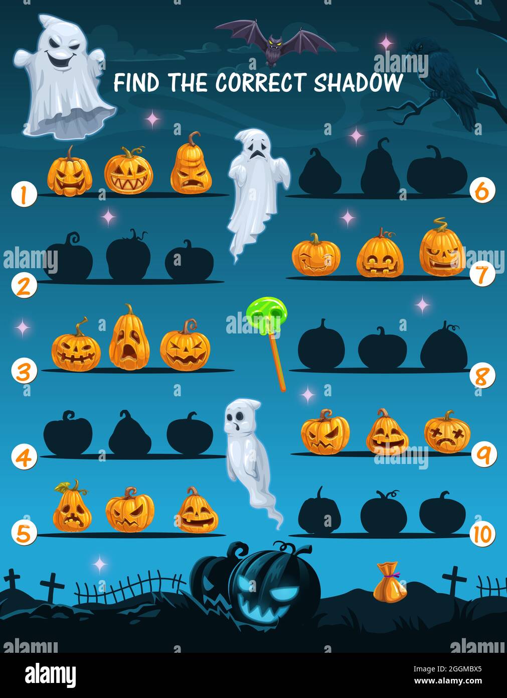 Kids find shadow riddle with Halloween pumpkin lanterns faces, ghosts