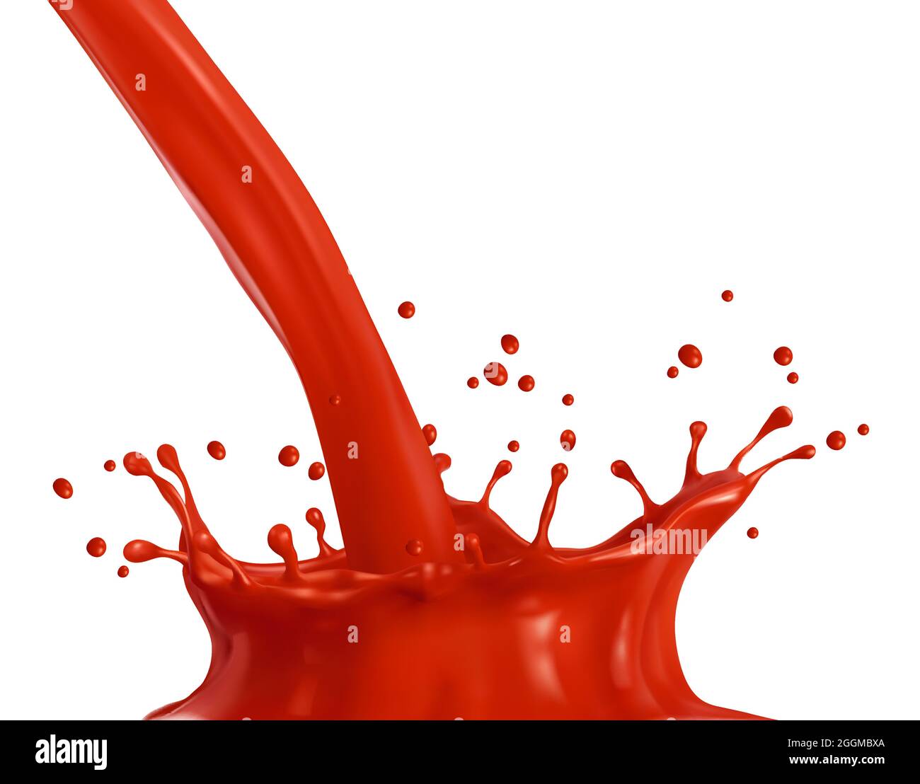 Tomato juice drink flow with crown splash. Red paint pouring motion