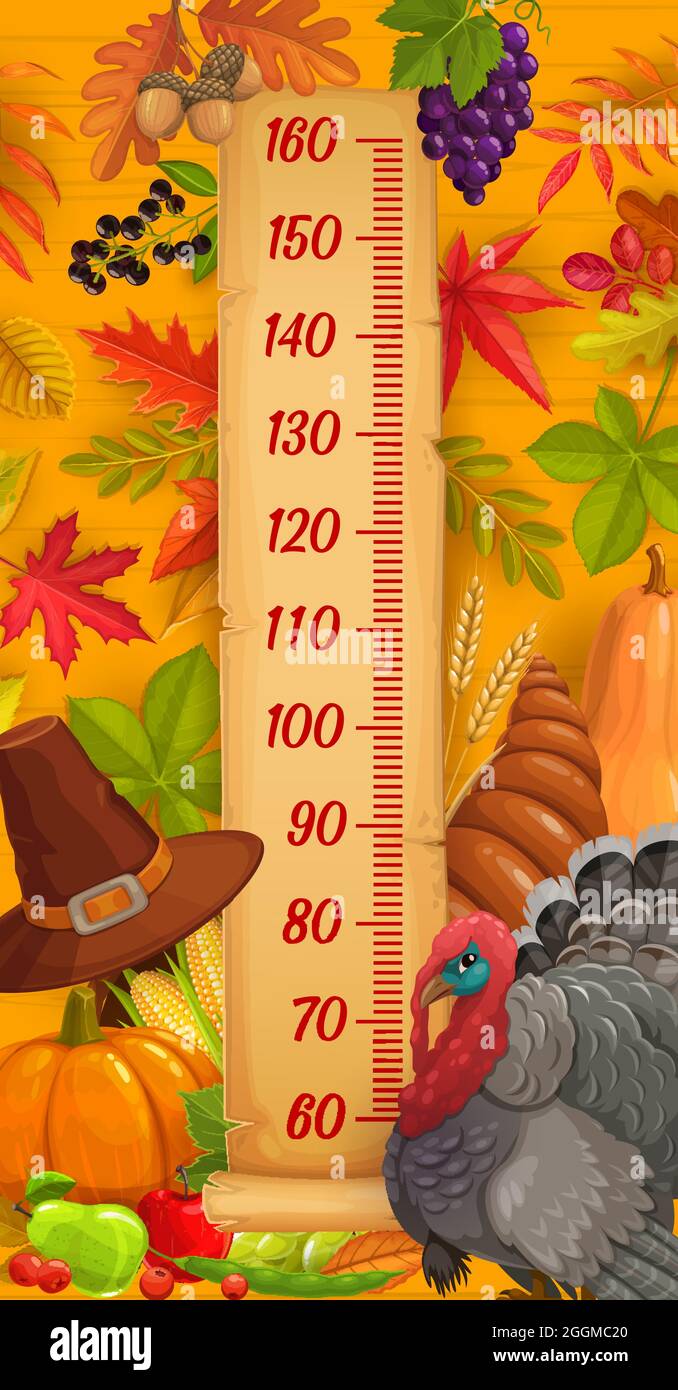 Kids height chart, Thanksgiving turkey, harvest and autumn leaves