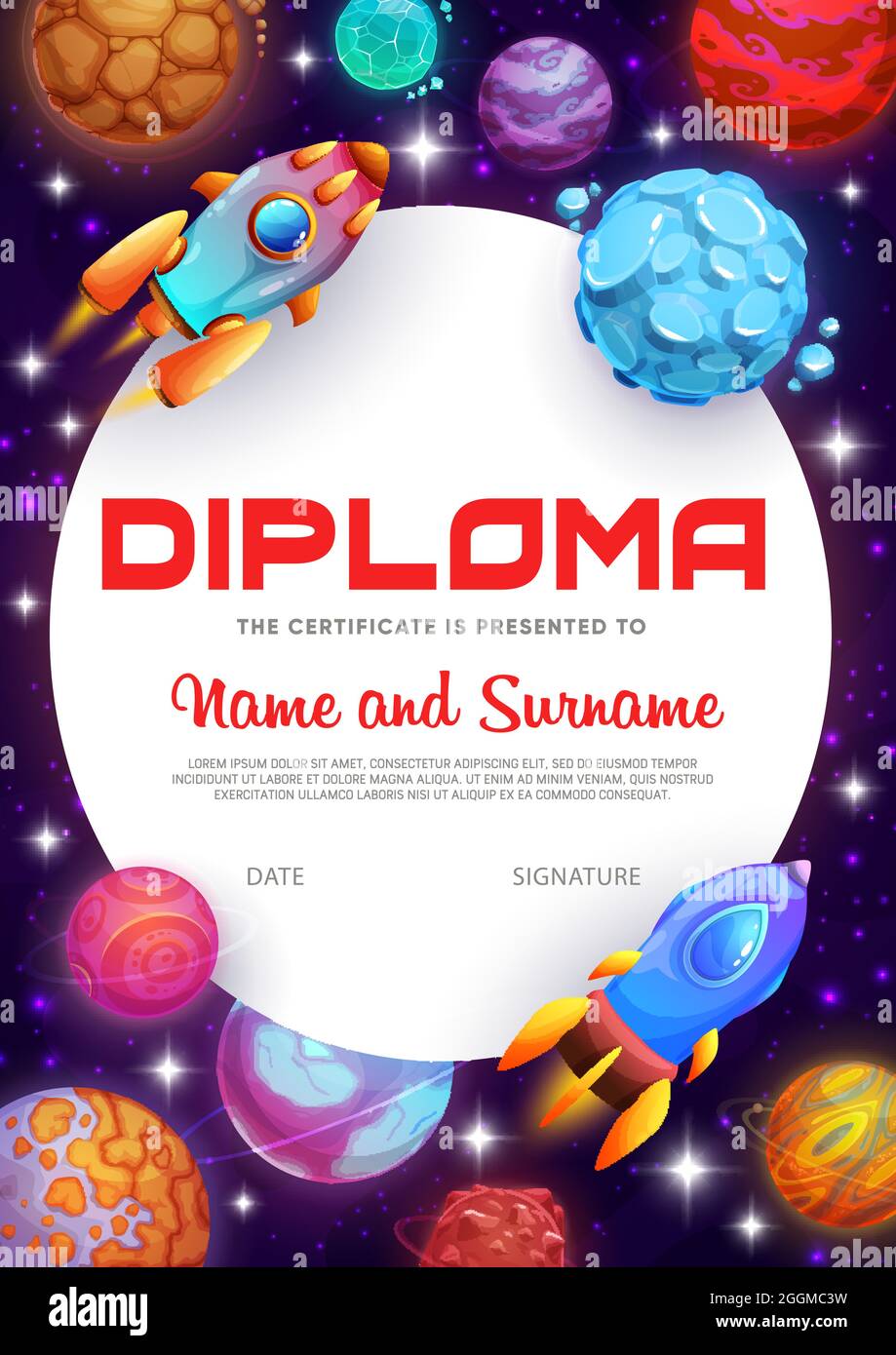 Kids diploma fantastic galaxy space planets, stars and spaceships. Educational vector school or kindergarten certificate with futuristic rockets in co Stock Vector