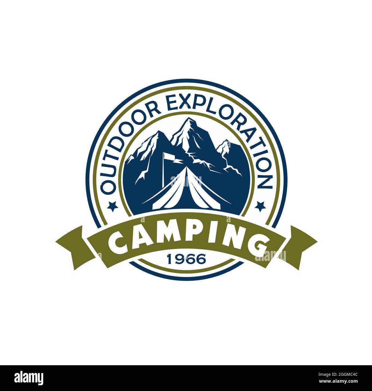 Mountain camping icon with tourist tent and camp flag, mountain range, peaks and river nature landscape. Outdoor adventure isolated round vector icon Stock Vector