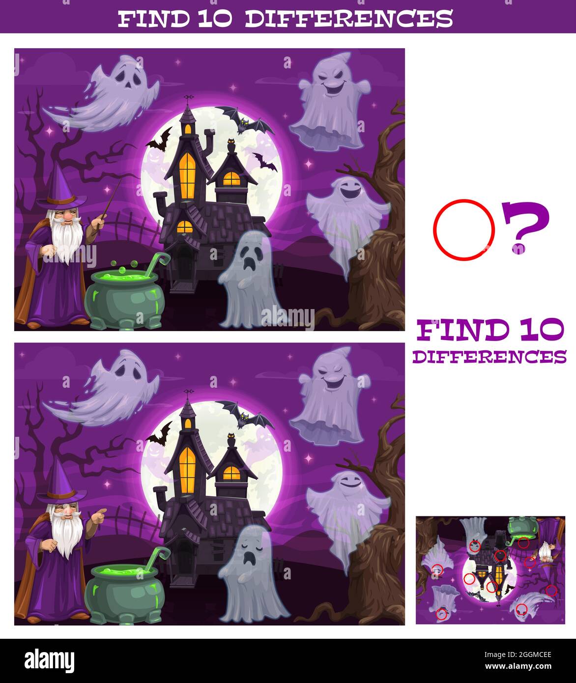Kids game find ten differences. Vector cartoon Halloween characters