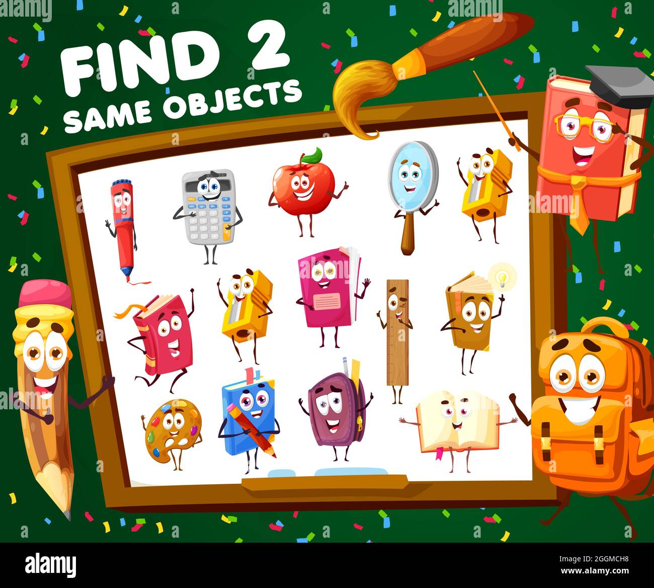 Kids game find two same school cartoon characters. Vector educational ...