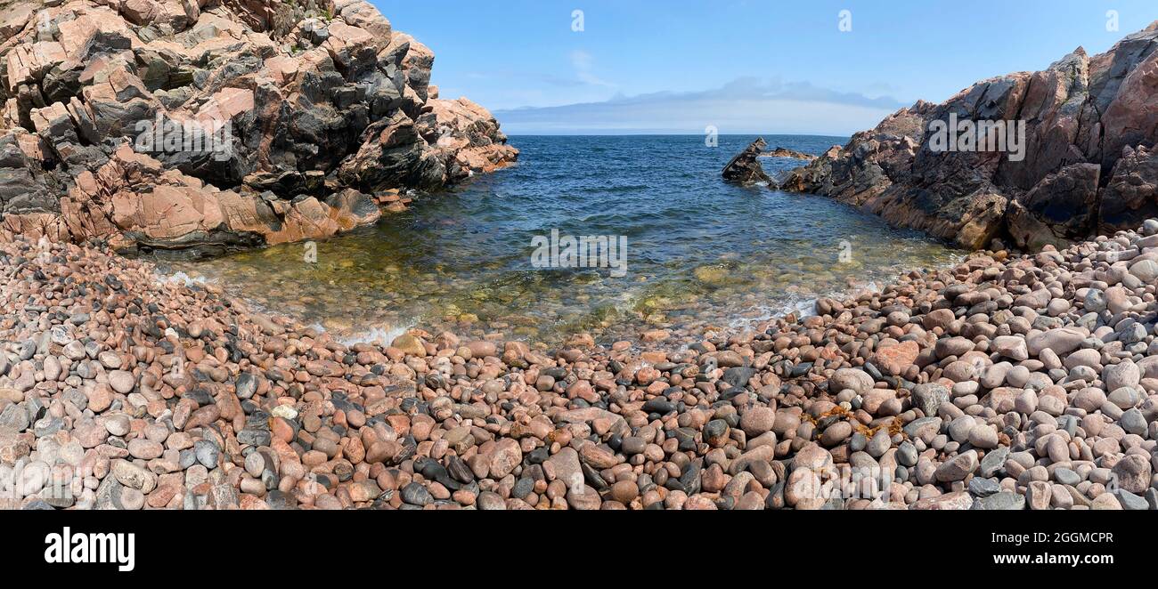 Panoramic view of wild rocky beach in White Point, Cape Breton Island Nova Scotia Stock Photo