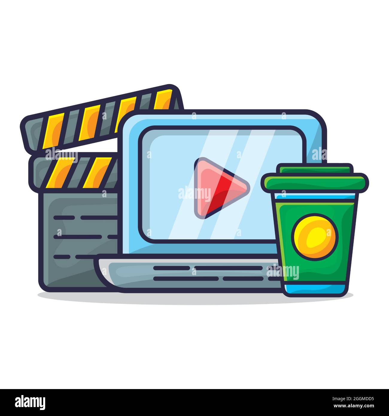 laptop, drink and clapper board for watching movie concept illustration Stock Vector
