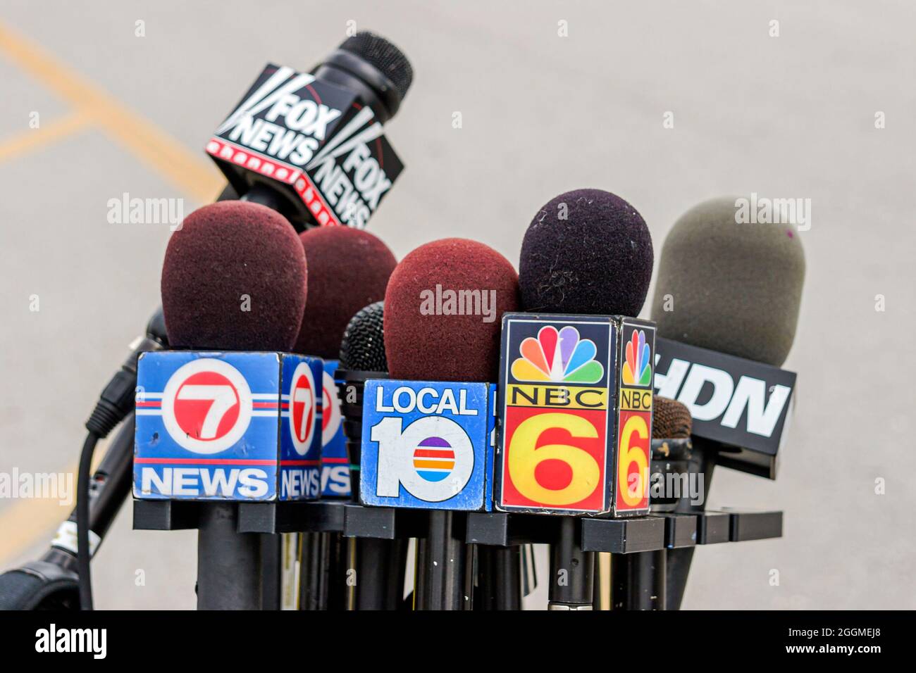 Miami Beach Florida,microphones media news NBC Fox press briefing media gathering event Stock Photo