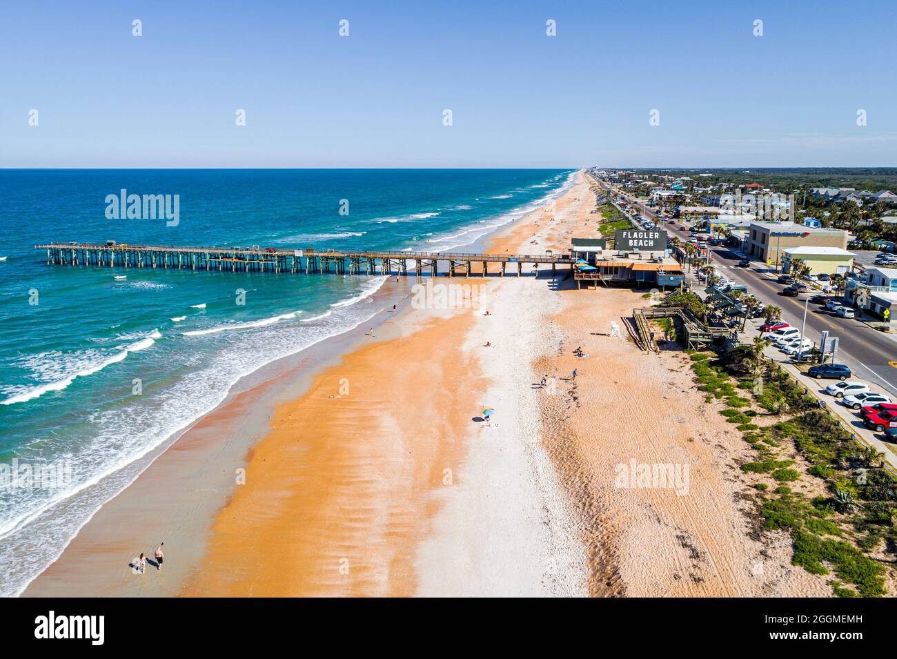 Florida Flagler Beach,public pier waterfront,Atlantic Ocean,aerial overhead view from above Stock Photo