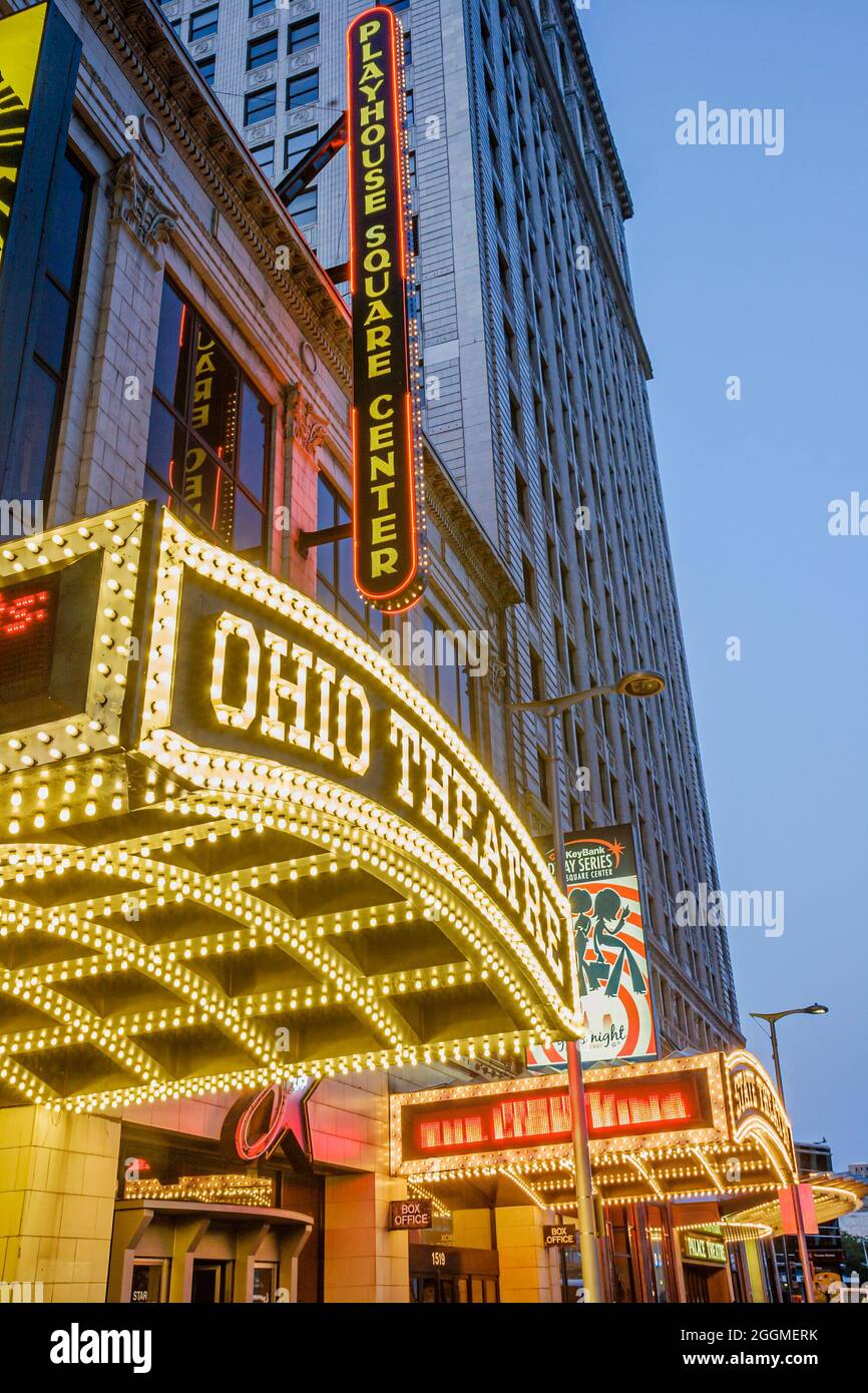 Cleveland Ohio,Euclid Avenue Theater District,Playhouse Square Center centre State Theatre night marquee Stock Photo