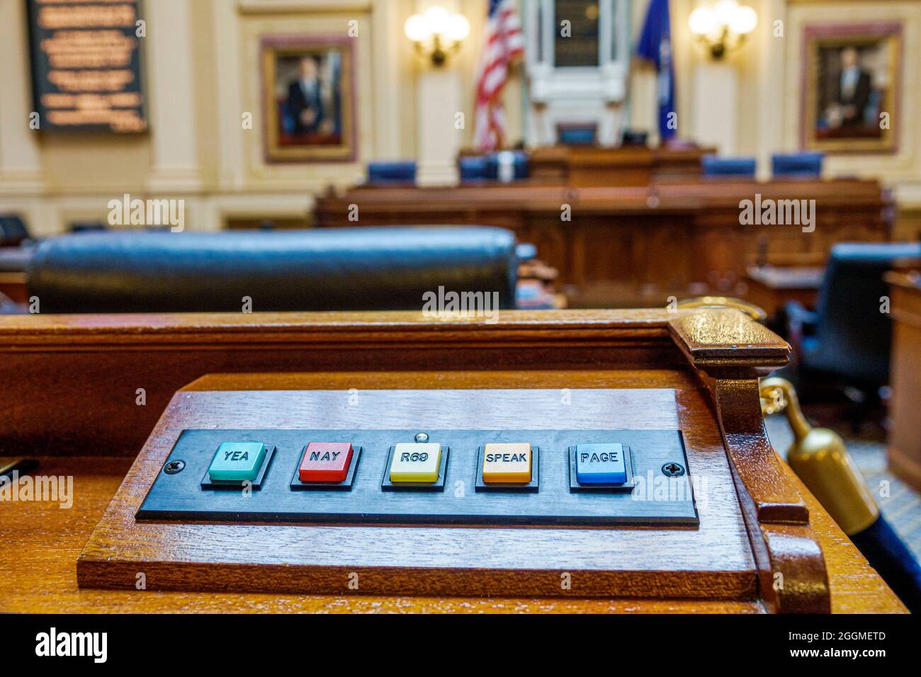 Richmond Virginia,Virginia State Capitol building,House Chamber,state government legislature electronic voting buttons yea nay interior inside, Stock Photo