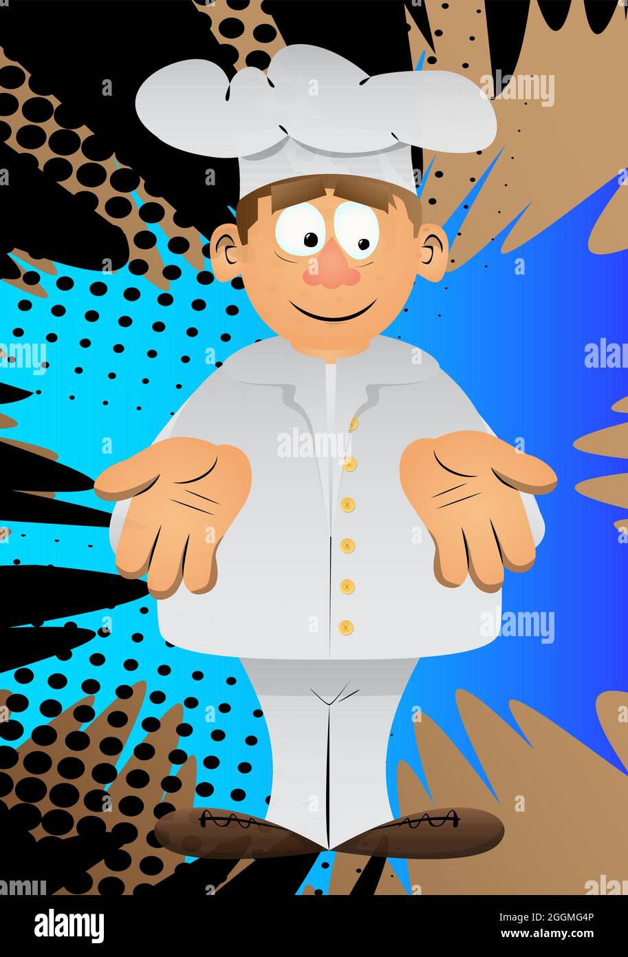 Fat male cartoon chef in uniform showing something with both hands or expressing don't know gesture. Vector illustration. Stock Vector