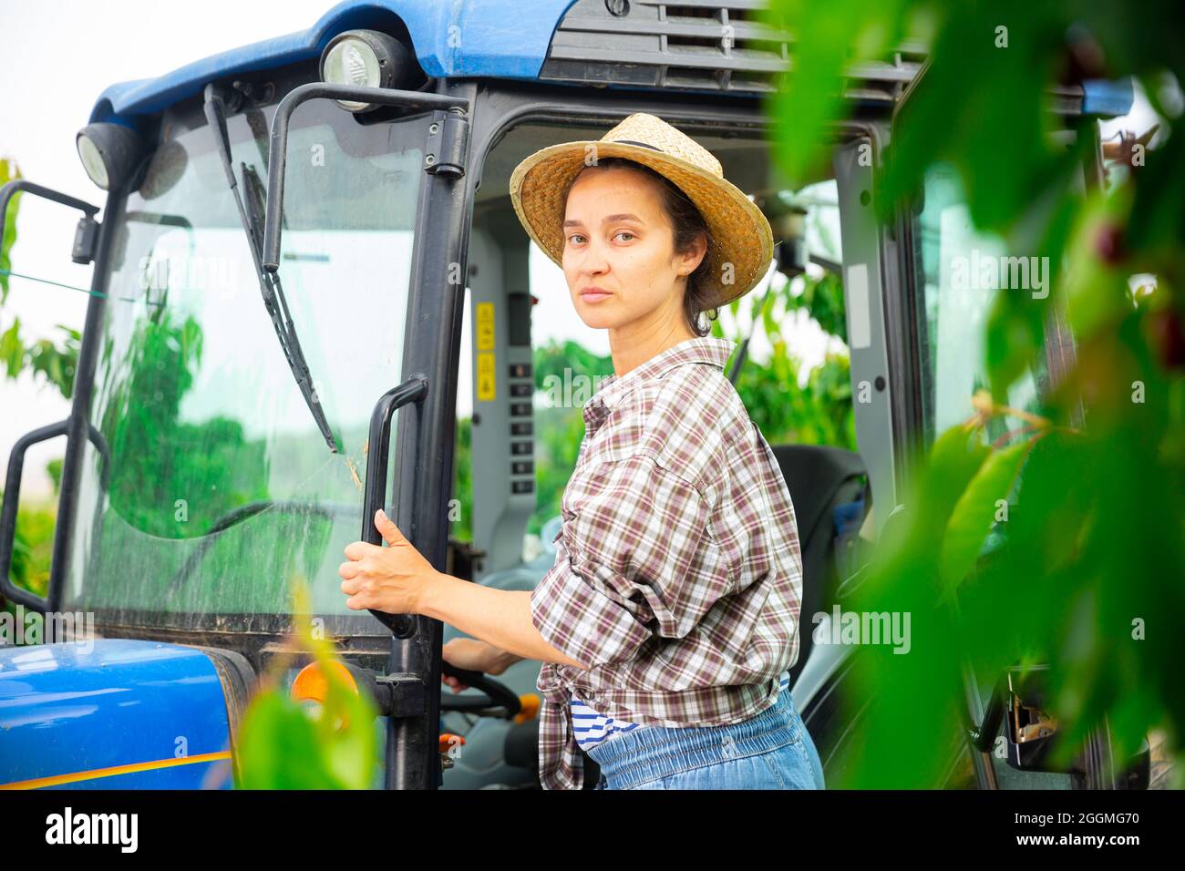 Confident female farmer driving small tractor in orchard Stock Photo ...