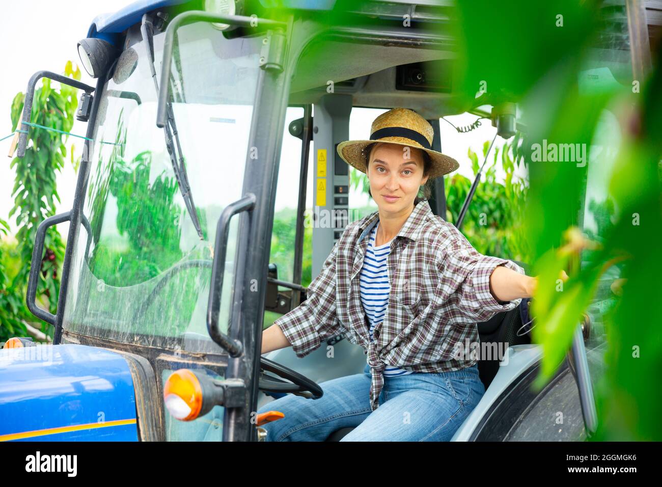Confident female farmer driving small tractor in orchard Stock Photo ...